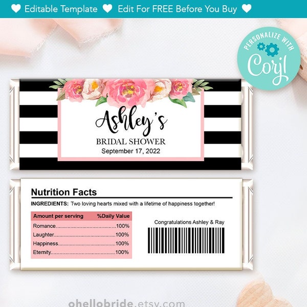 Editable Chocolate Wrapper for Peony Bridal Shower - Candy Bar Label - Candy Wrapper for Pink Floral Bridal Shower 019