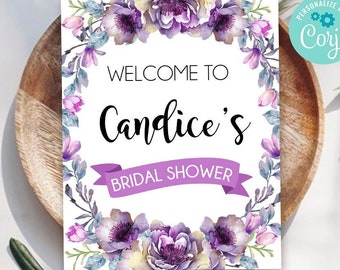 Editable Purple Bridal Shower Welcome Sign Printable - Purple Floral Welcome To Bridal Shower Sign Printable - Purple Bridal Shower 031