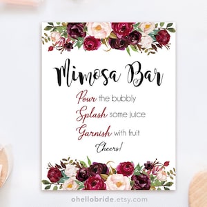 Mimosa Bar Sign Printable for Burgundy Bridal Shower - Mimosa Bar Sign Red Floral Bridal Shower Sign - Marsala Bridal Shower Signs 045