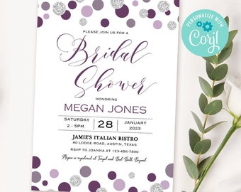 Editable Purple and Silver Bridal Shower Invitation, Printable for Purple Bridal Shower, Purple Bridal Shower Invitations, Bridal Shower 015