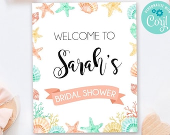 Editable Welcome To Bridal Shower Sign - Beach Bridal Shower Welcome Sign Printable - Ocean Coral Bridal Shower Personalized Sign 041