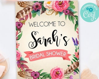 Editable Welcome to Bridal Shower Sign for Bohemian Bridal Shower - Bridal Shower Printable Sign - Boho Bridal Shower Custom Sign 003