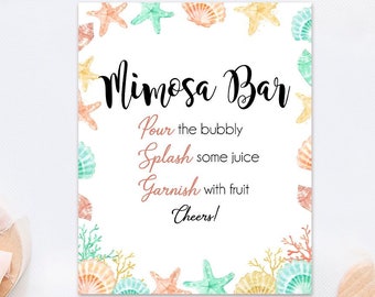 Mimosa Bar Sign - Beach Bridal Shower Mimosa Bar Sign Printable - Ocean Coral Bridal Shower, Watercolor Seashells 041