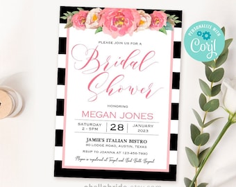 Editable Pink Peony Bridal Shower Invitation Cards - Black White Pink Floral Bridal Shower Invitation Printable,Pink Peony Bridal Shower 019