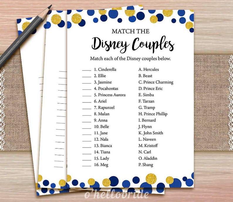 Disney Couples Match Game Printable Navy Blue Bridal Shower | Etsy