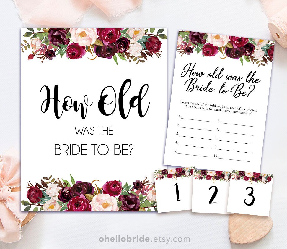 Printable Marsala Bridal Shower Games How Old Was the Bride - Etsy