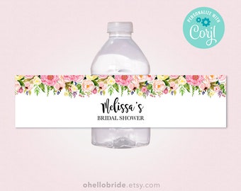 Editable Pink Bridal Shower Water Bottle Labels - Pink Floral Personalized Water Bottle Labels - Pink Floral 040