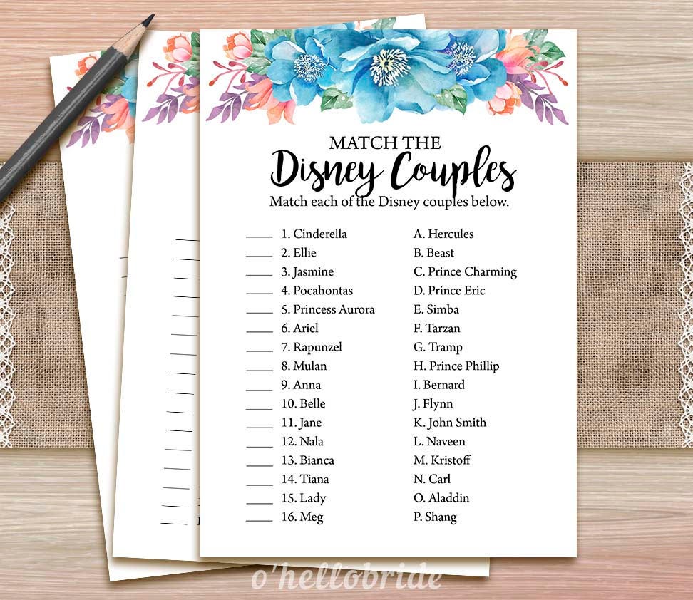 Disney Couples Match Game Printable Blue Floral Bridal | Etsy