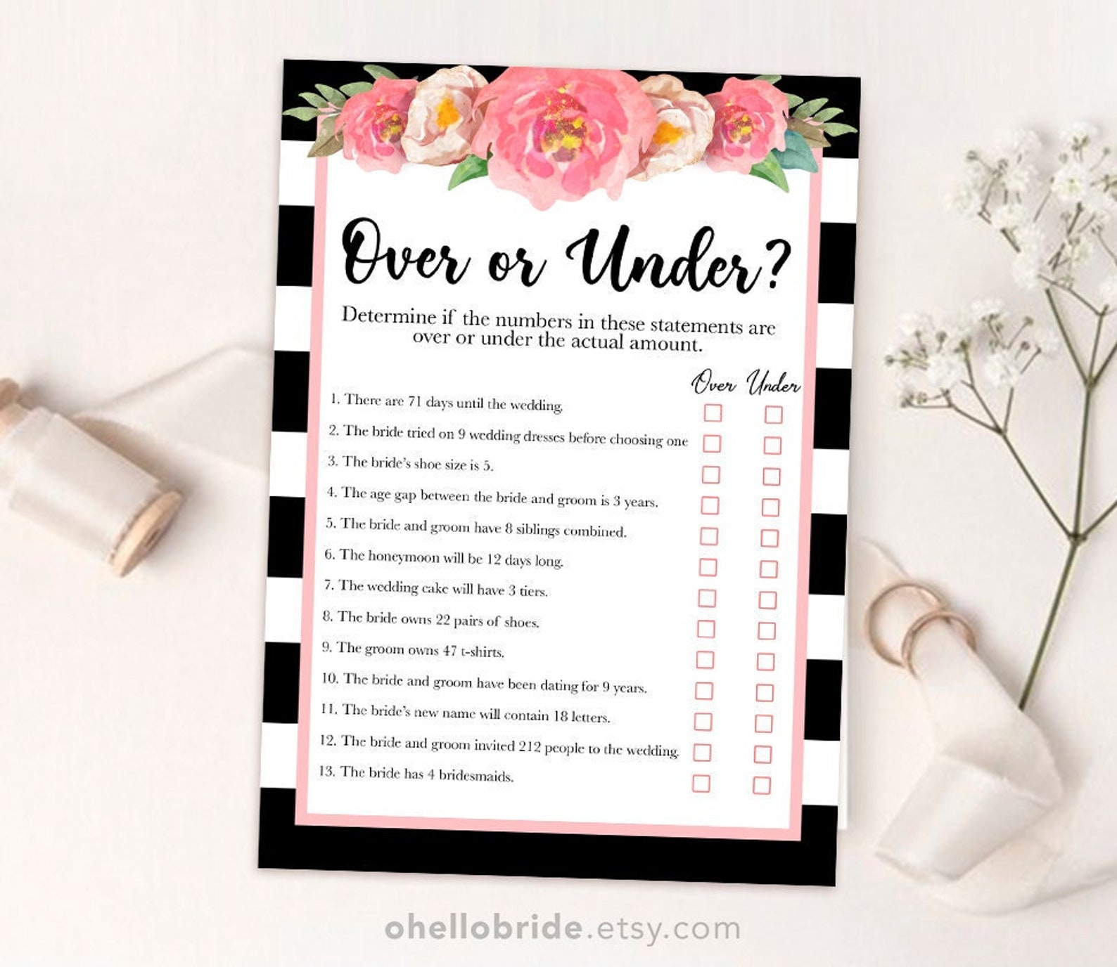 Printable Bridal Shower Games Printable Over or Under Bridal - Etsy