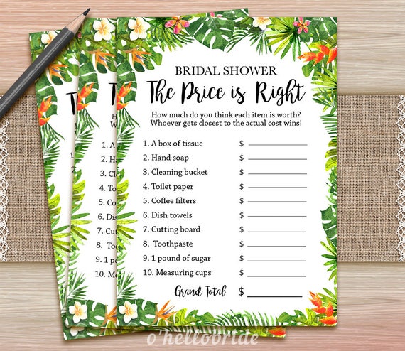 The Price is Right Game Printable Tropical Bridal Shower | Etsy