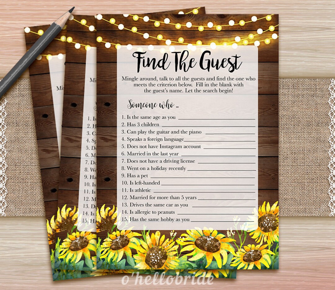 Printable Bridal Shower Game Find the Guest Game Yellow Rustic