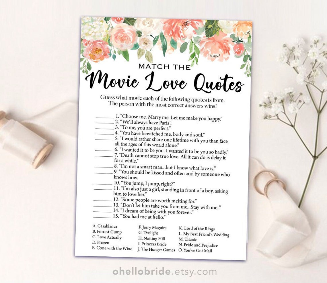 Printable Bridal Shower Games Movie Love Quote Game Peach Etsy