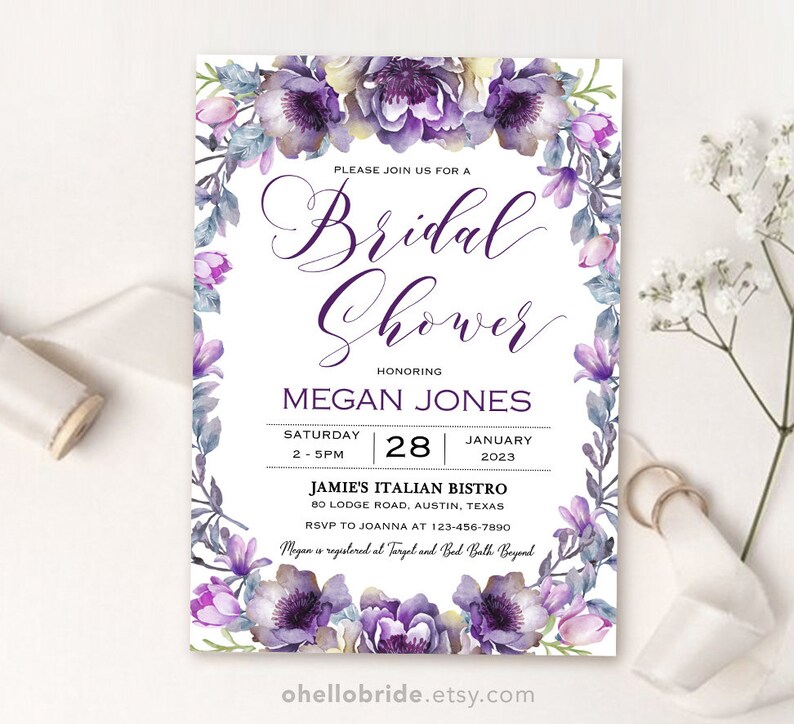 Editable Purple Floral Bridal Shower Invitation Printable Etsy