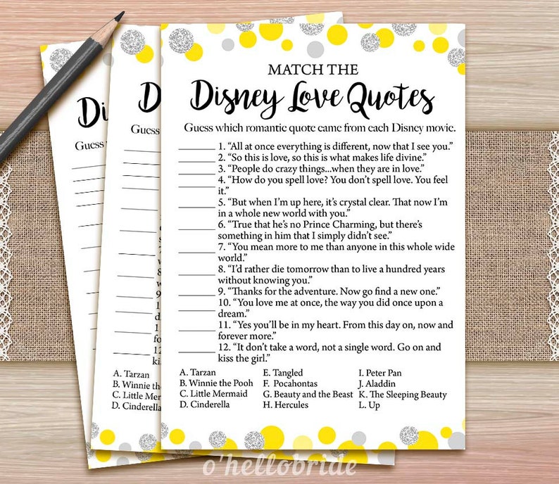 Disney Liebe Zitate Match Spiel Druckbare Gelb Grau Brautdusche Liebe Zitat Game Brautdusche Spiel Bachelorette Party Spiele 008