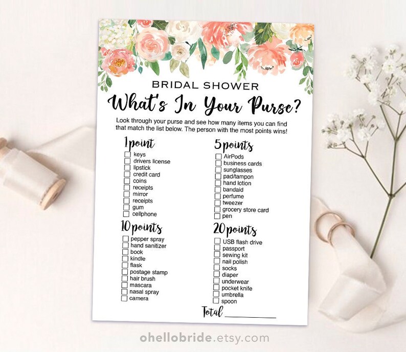 Printable Bridal Shower Games What's in Your Purse Game Etsy