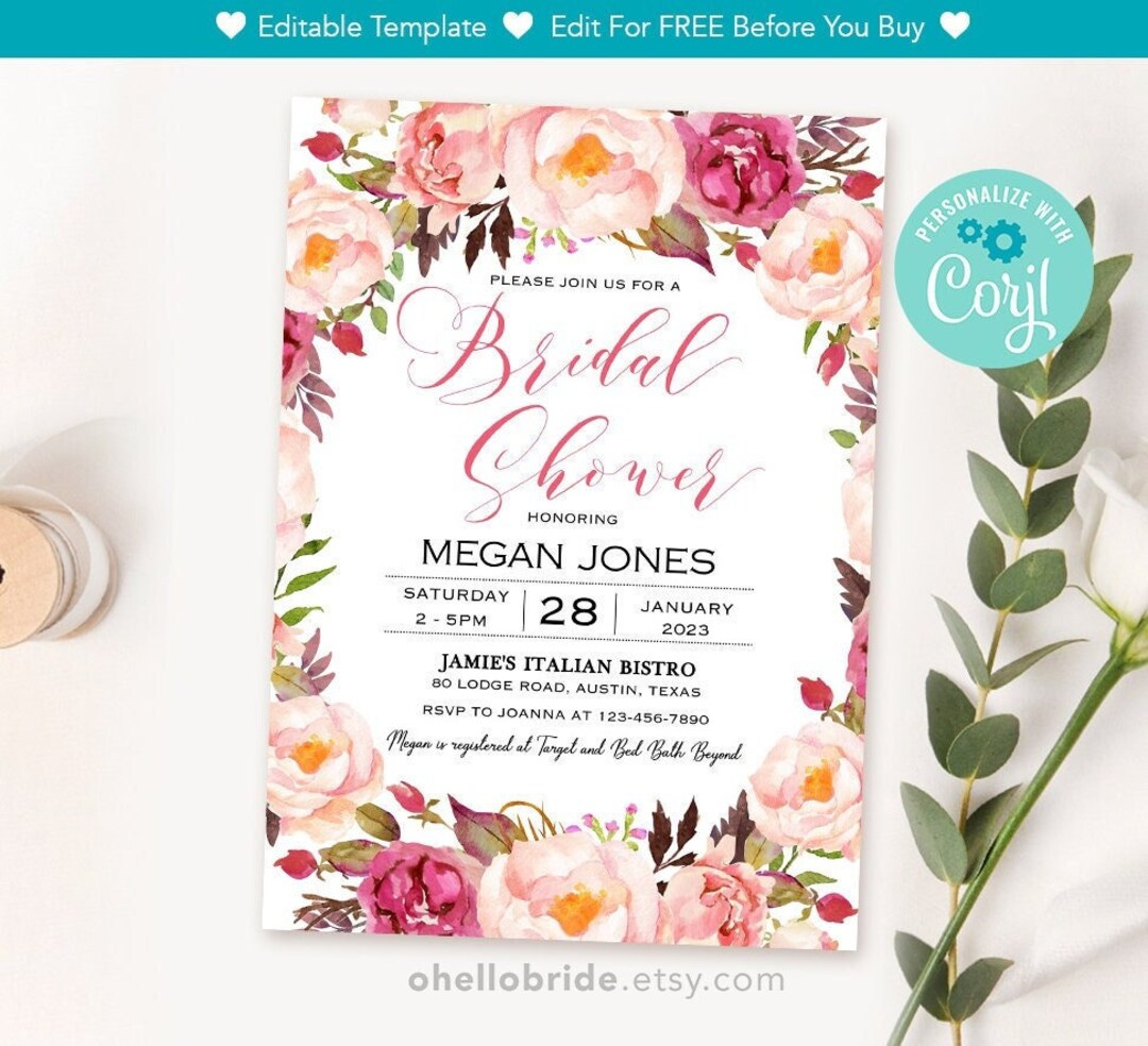 Editable Boho Bridal Shower Invitation Bohemian Bridal Shower