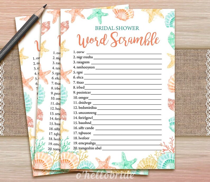 Word Scramble Game Printable Beach Bridal Shower Word Etsy