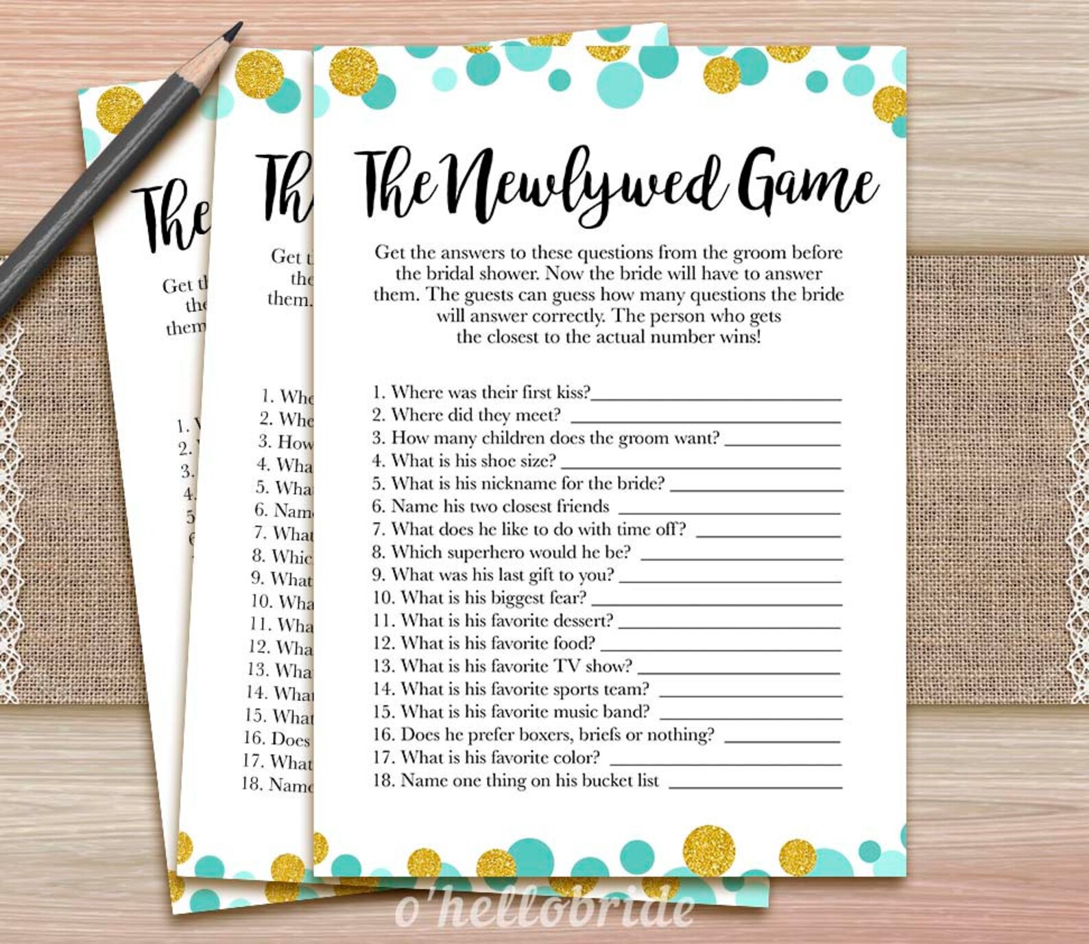 The Newlywed Game Printable Mint Gold Glitter Polka Dot | Etsy