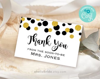 Editable Thank You Cards Bridal Shower - Black and Gold Wedding Thank You Card - Bridesmaid Thank You Cards - Thank You Newlyweds Card 025