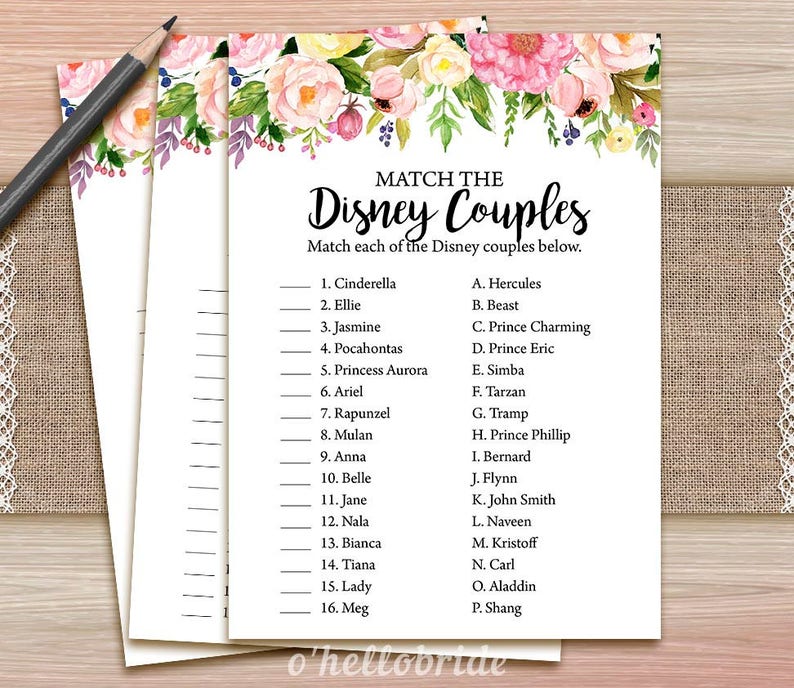 Disney Couples Match Game Printable Pink Floral Bridal | Etsy