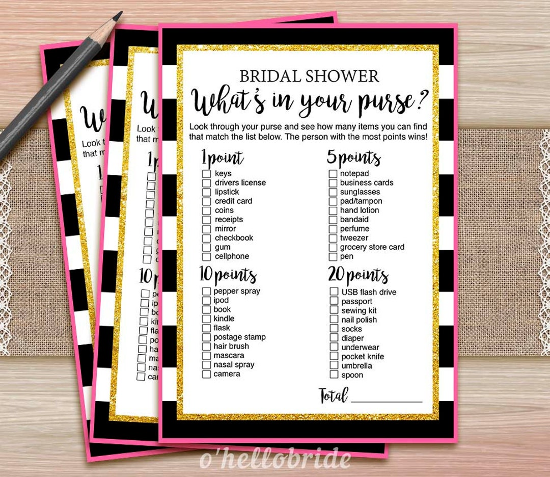 Printable Bridal Shower Games Printable What's in Your Purse Game Black