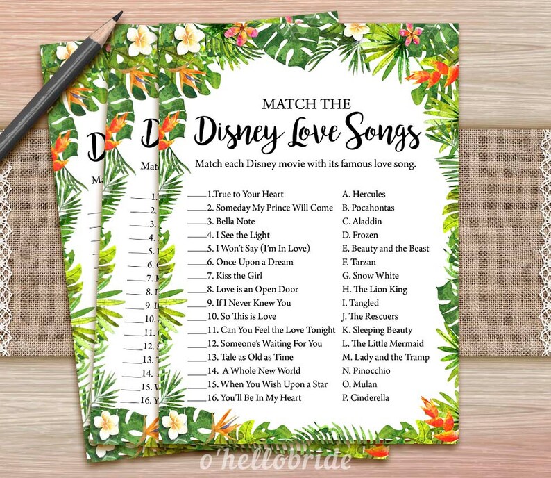 Disney Love Songs Match Game Printable Tropical Bridal | Etsy