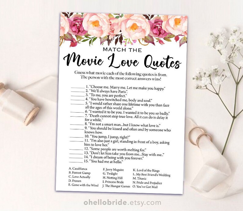 Printable Bridal Shower Games Movie Love Quote Game Etsy