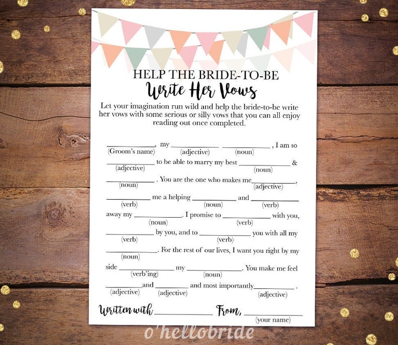Help the Bridetobe Write Her Vows Bridal Shower Game Etsy