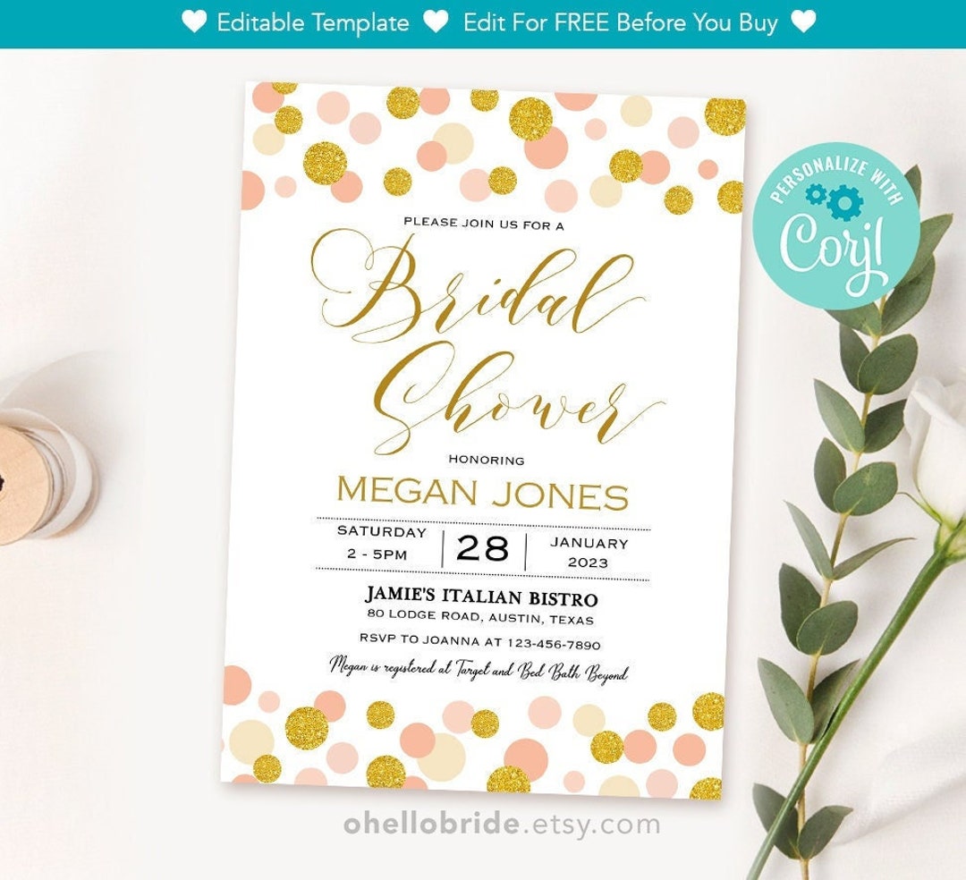 Editable Bridal Shower Invitation Cards Printable Blush Gold Bridal