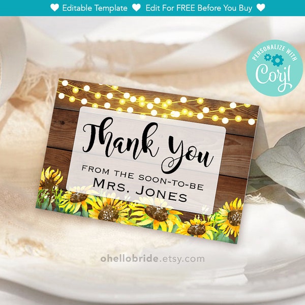 Editable Thank You Cards - Printable Yellow Sunflower Rustic Wedding Thank You Card - Bridesmaid Thank You Cards - Thank You Newlyweds 023