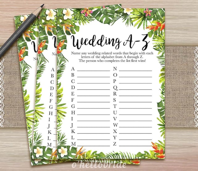 Wedding day A-Z Bridal Shower Recreation - Printable Tropical Bridal image relating to Printable Luau Party Games titled Wedding ceremony A-Z Bridal Shower Match - Printable Tropical Bridal
