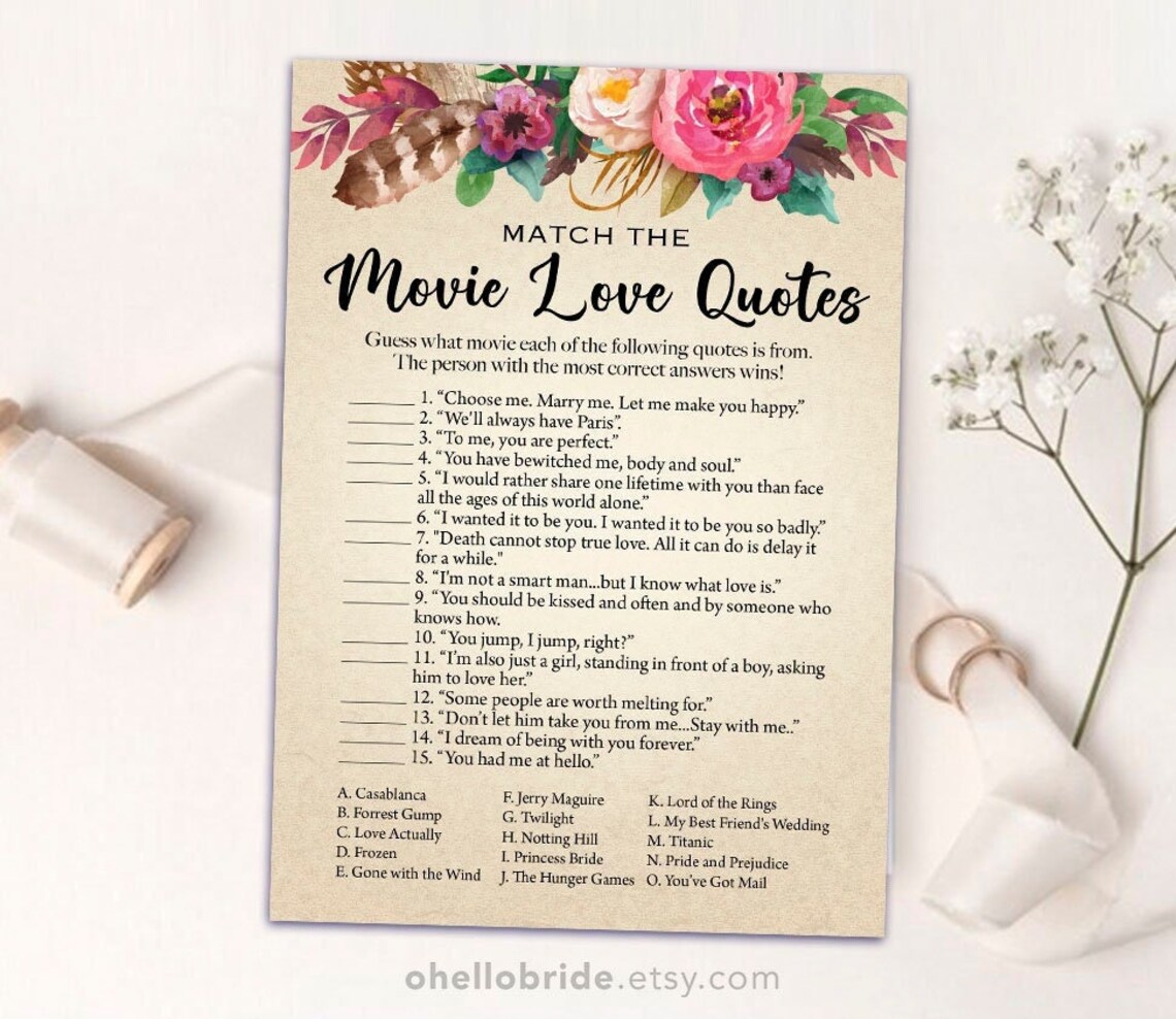 Printable Bridal Shower Games Printable Movie Love Quote Etsy UK