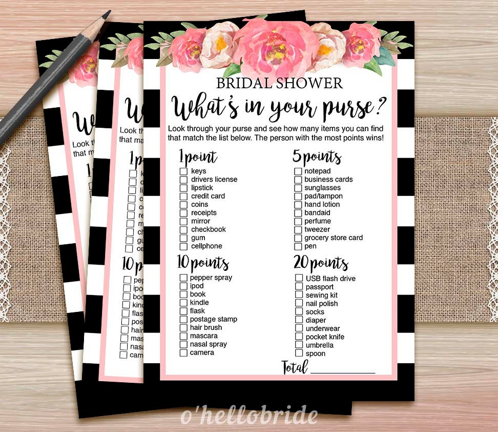 Printable Kate Spade Bridal Shower Games- What's in Your Purse Bridal ...