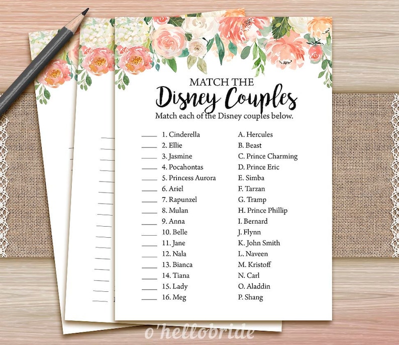 Printable Bridal Shower Games Disney Couples Game Etsy