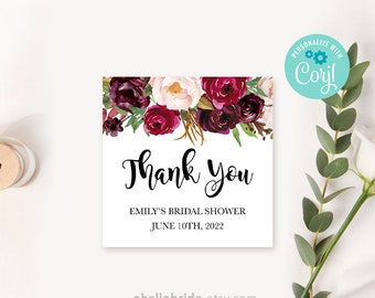 Editable Favor Tags for Burgundy Floral Bridal Shower - Marsala Bridal Shower - From My Shower To Yours, Bridal Shower Thank You Cards 045