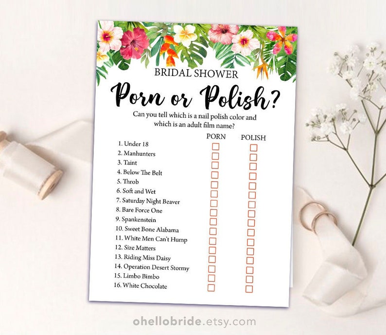 Printable Bridal Shower Games Porn or Polish Tropical Bridal Shower Game Luau Bridal Shower Game Bachelorette Night Game 038 image 1