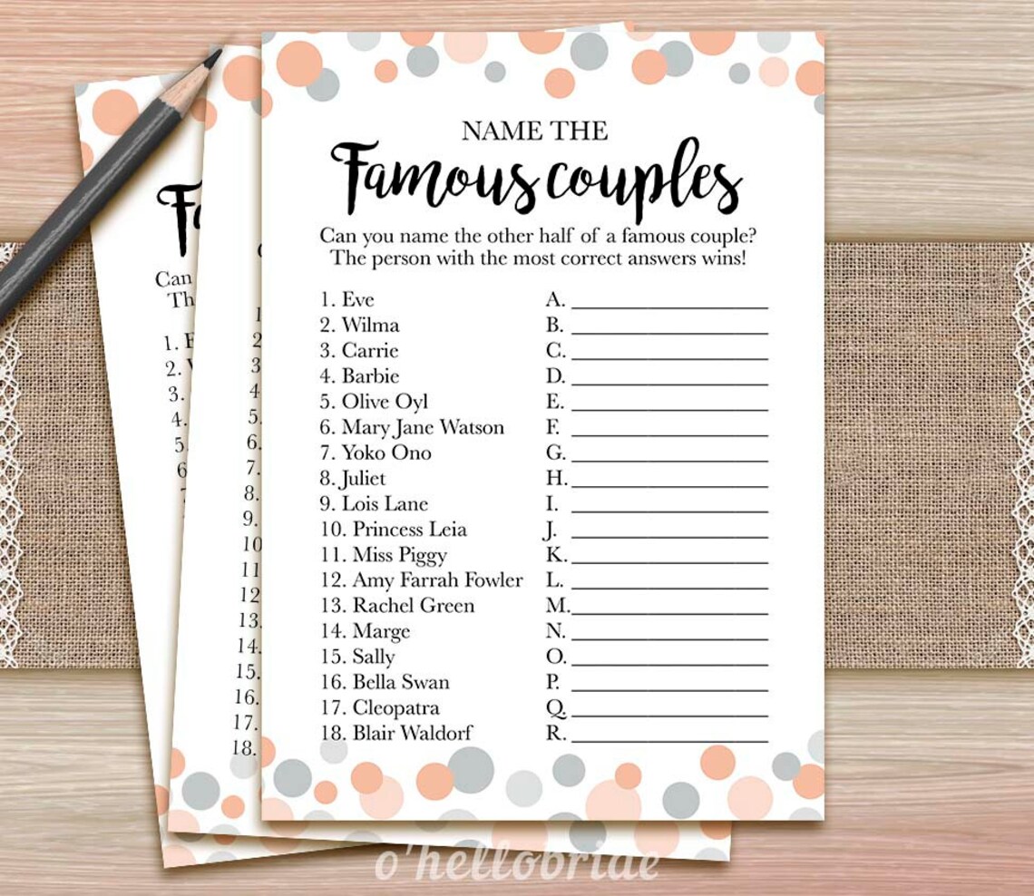 Nom de la célèbre Couple Match jeu imprimable corail Bridal Etsy