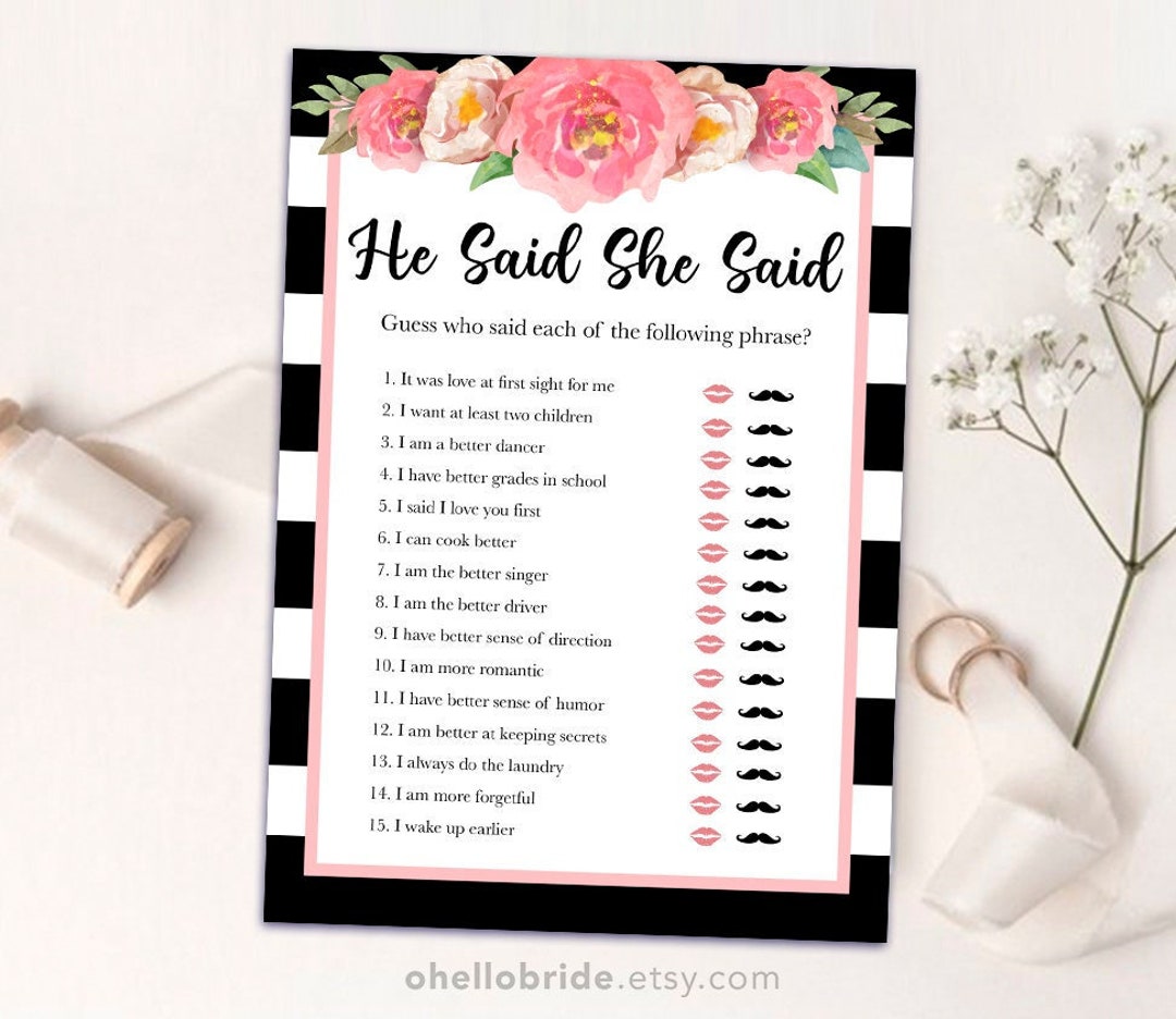 Printable Bridal Shower Games Printable He Said She Said Pink Floral ...
