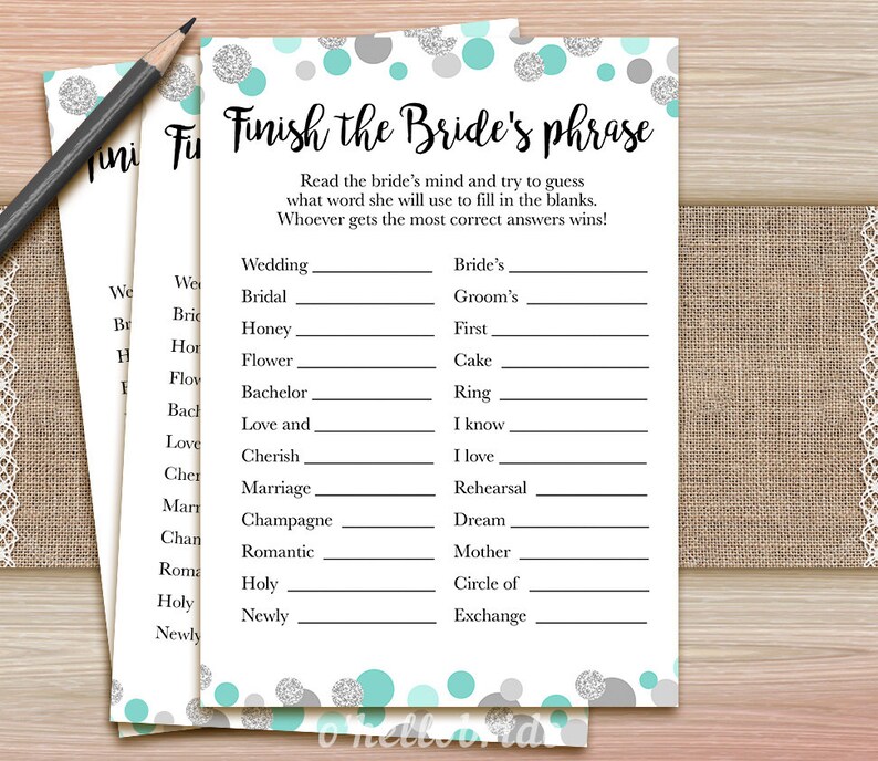 Finish the Bride's Phrase Game Printable Mint Bridal | Etsy
