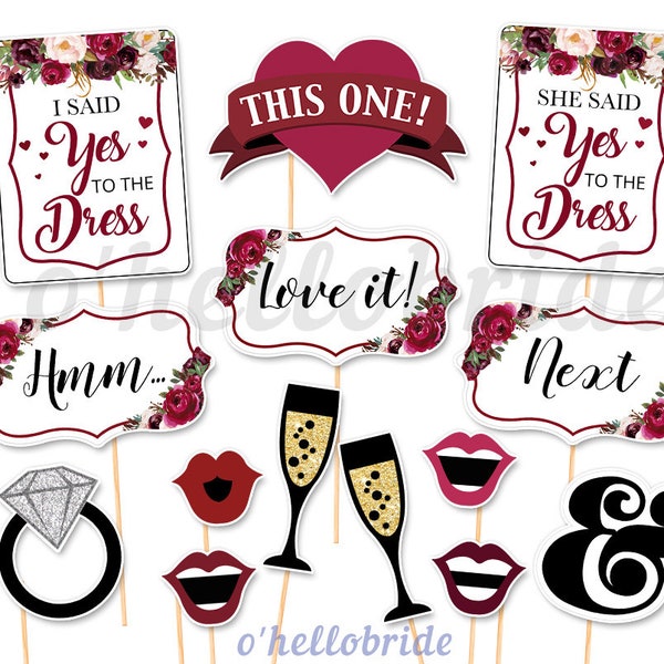 Say Yes To The Dress Printable Photo Booth Props Burgundy Bridal Shower - Marsala Floral Bridal Shower Printable Photo Booth Props 045