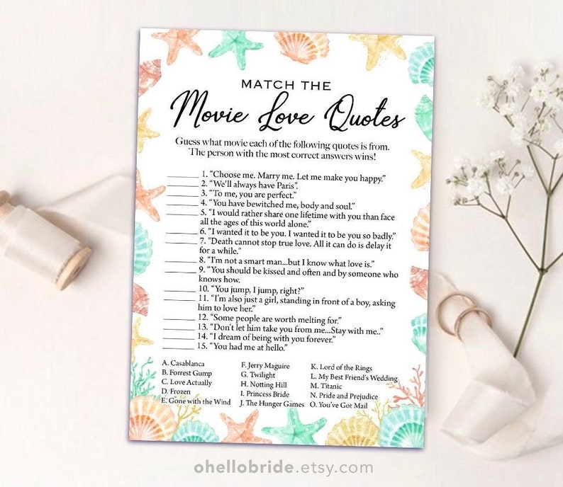 Printable Bridal Shower Games Printable Movie Love Quote Etsy