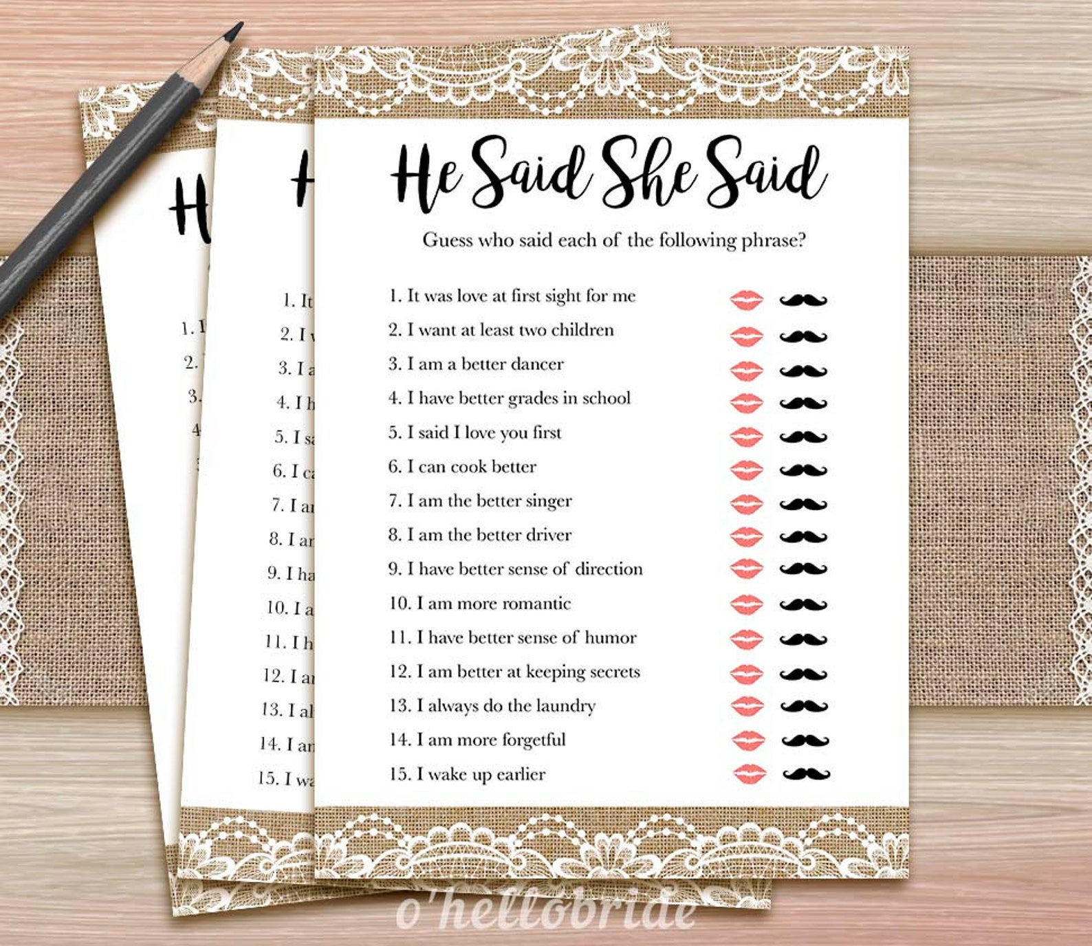 He Said She Said Game Printable Rustic Burlap Lace Bridal | Etsy
