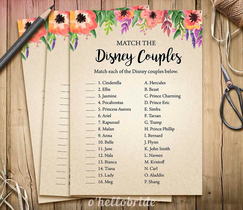 Disney Couples Match Game Printable Floral Bridal Shower | Etsy