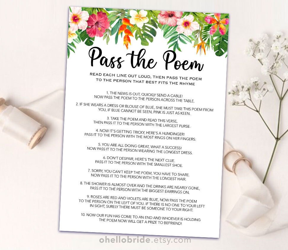 Printable Pass the Poem Game, Pass the Prize Game, Pass the Parcel Game,  Tropical Bridal Shower Games, Luau Bridal Shower Hawaii Bridal 038 - Etsy