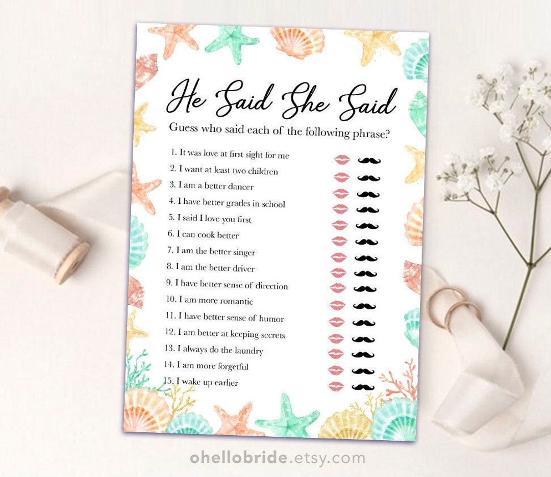 Printable Bridal Shower Games Printable He Said She Said Game Printable ...