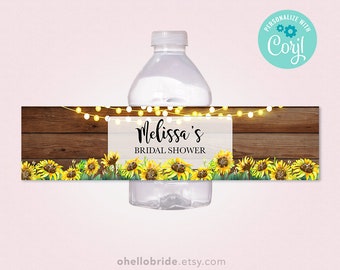 Editable Rustic Sunflower Water Bottle Labels - Shabby Chic Water Bottle Labels - Yellow Bridal Shower Water Bottle Labels 023