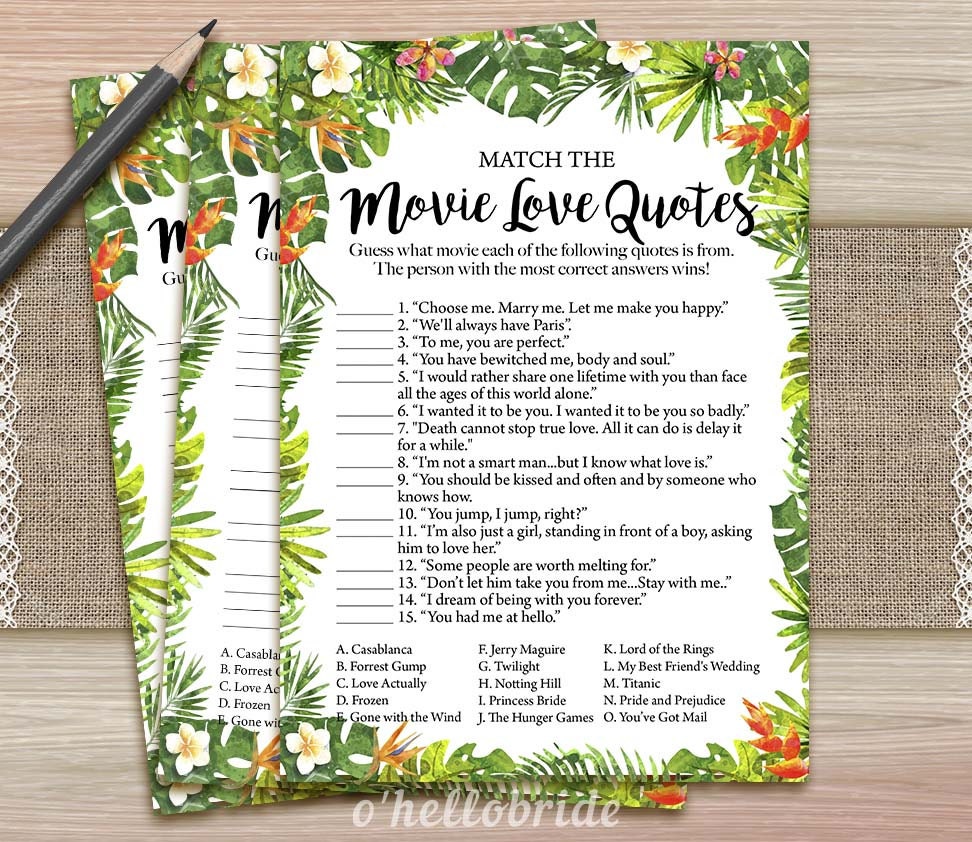 Movie Love Quote Match Game Printable Tropical Bridal Shower | Etsy