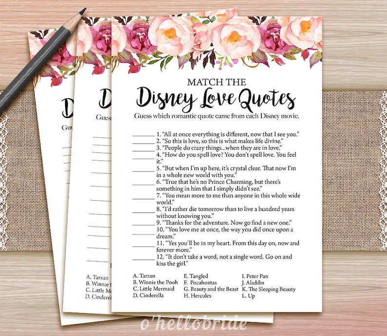 Printable Bridal Shower Games Disney Love Quotes Game Etsy