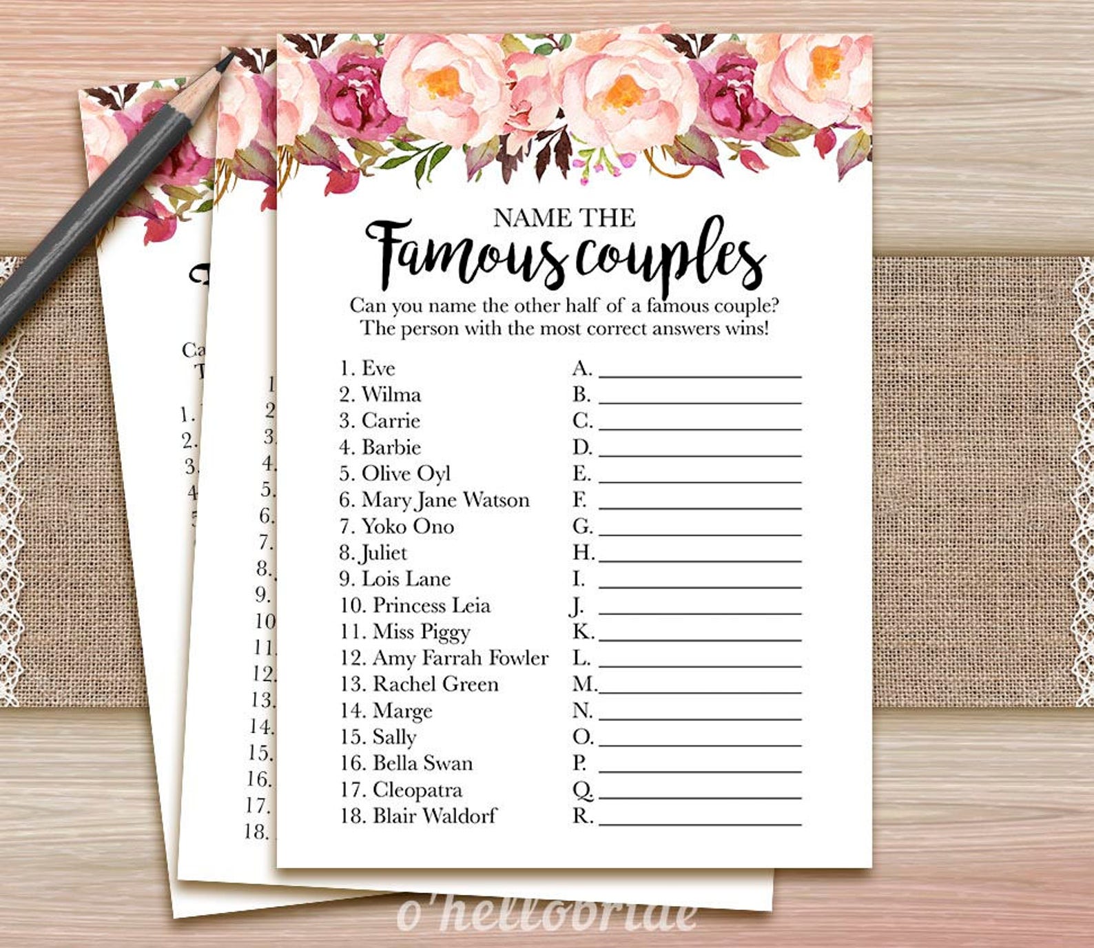 Printable Bridal Shower Games Name The Famous Couple Game Etsy