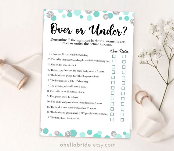 Printable Bridal Shower Games Printable Over or Under Bridal | Etsy